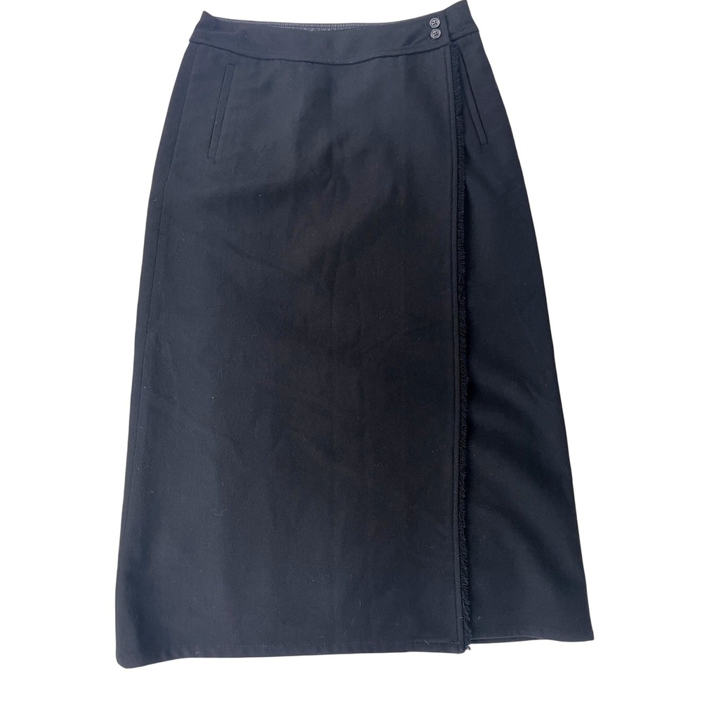 Eddie Bauer Black 100% Wool Wrap Fringe Midi Pencil Skirt Womens 6 Lined Western